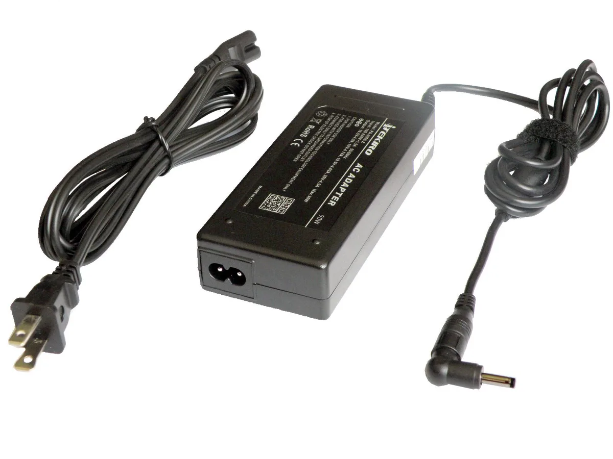 Black rectangular AC adapter brick with 4.0 mm barrel tip and two detachable power cords
