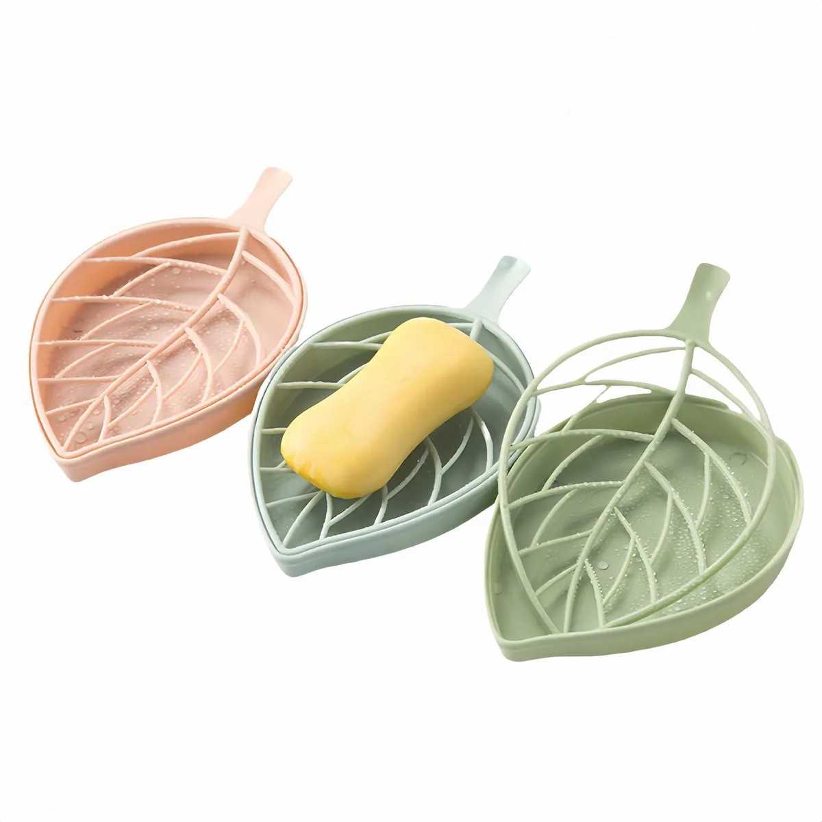 Three pastel leaf-shaped soap dishes in green blue pink with double-tier drainage design