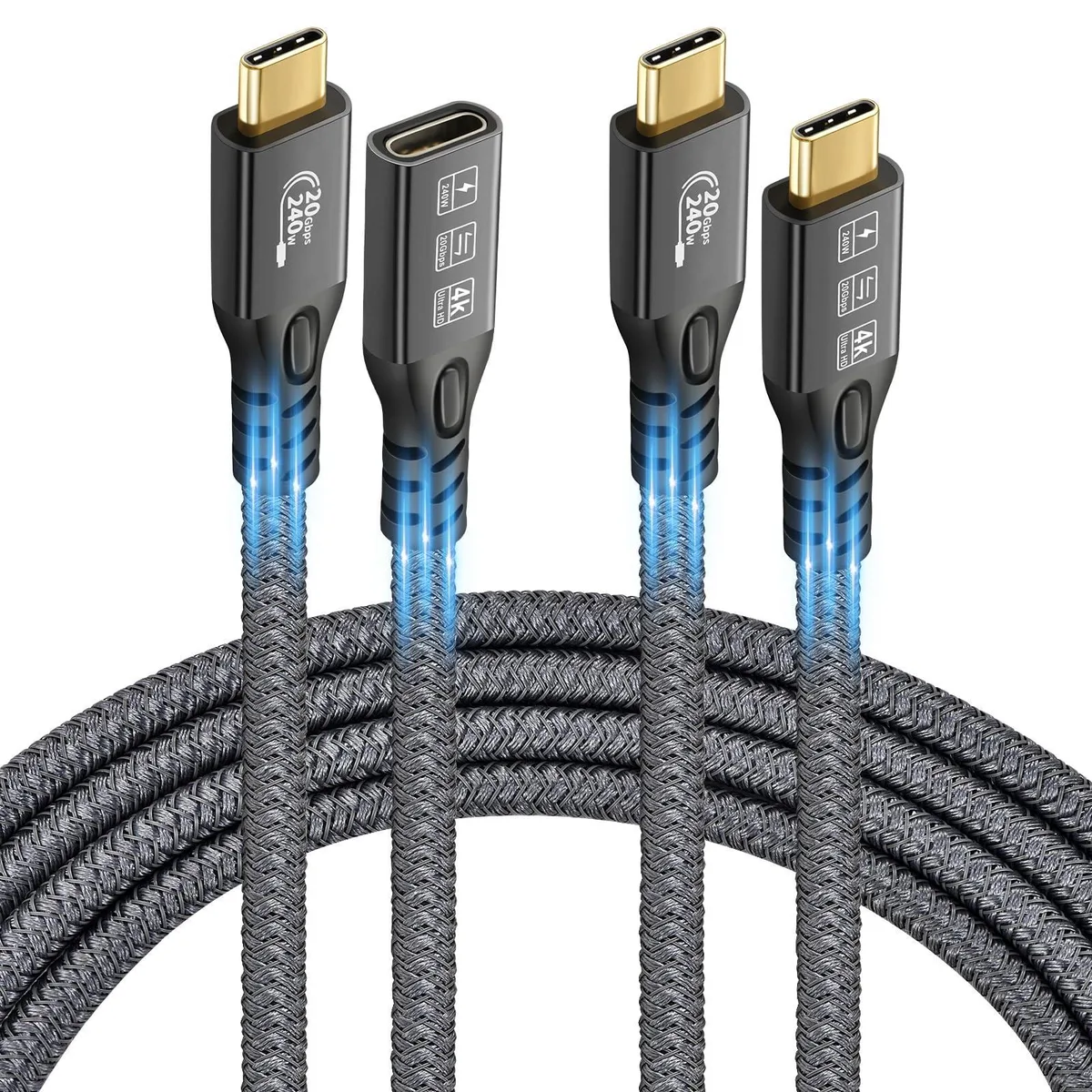 BUCIER BUCIER USB C 3.2 Gen 2x2 cable 2-pack 20Gbps 240W 3ft male + 3ft female — product photo