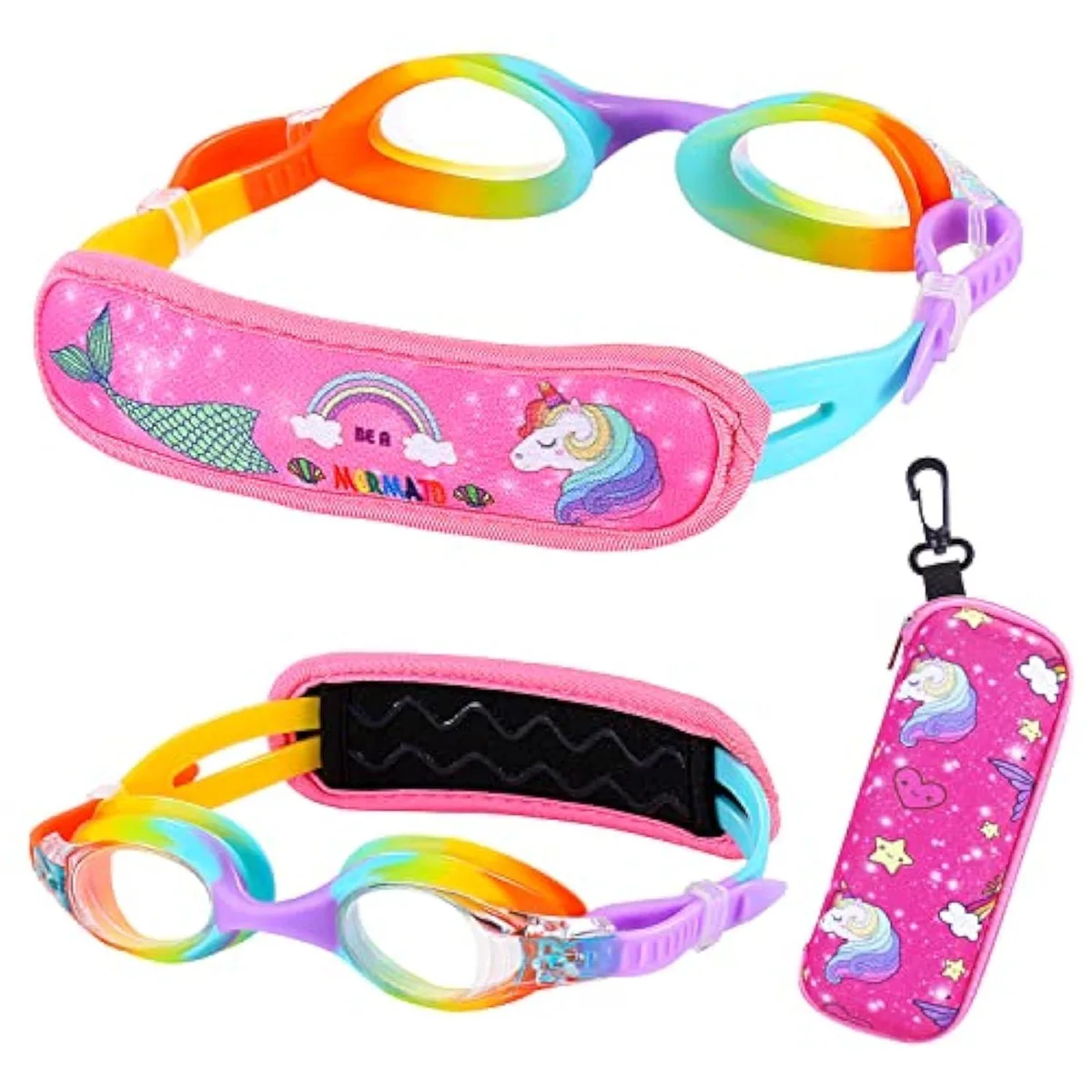 Child-sized swim goggles with rainbow neoprene strap and case