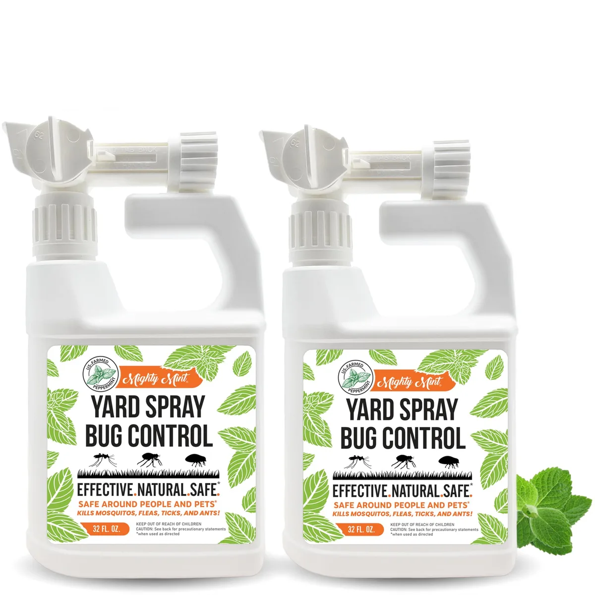 Two 32 oz spray bottles with hose-end nozzles, white plastic with green labels