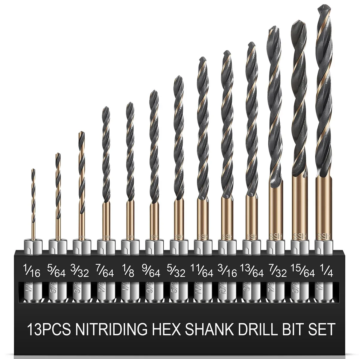 Black and gold hex-shank drill bits in a compact hard plastic case