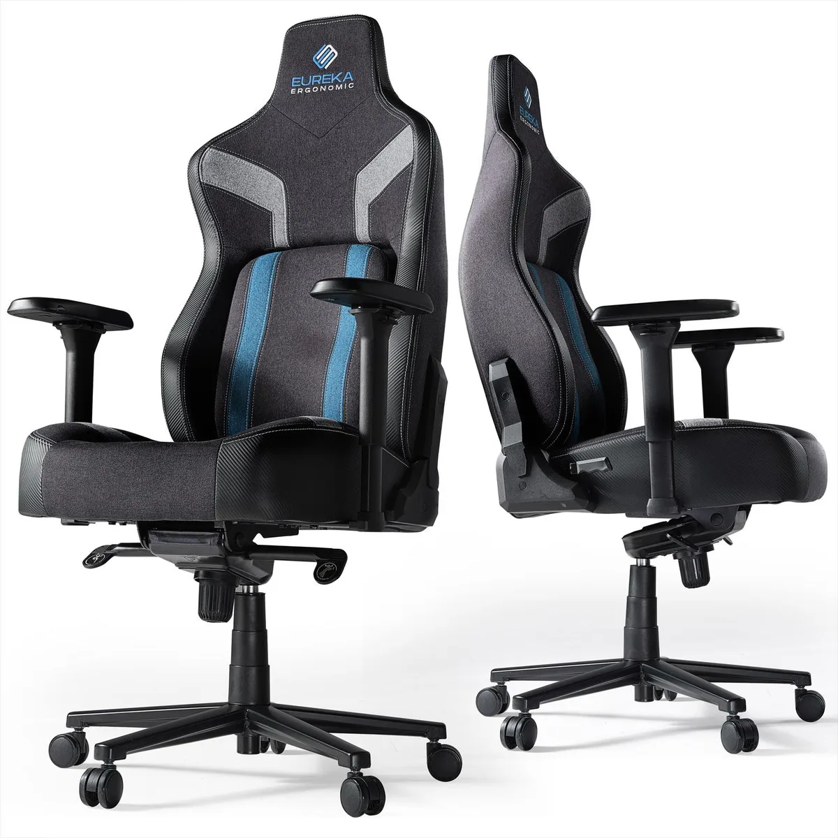 Blue and black ergonomic gaming chair with adjustable lumbar support and 4D armrests