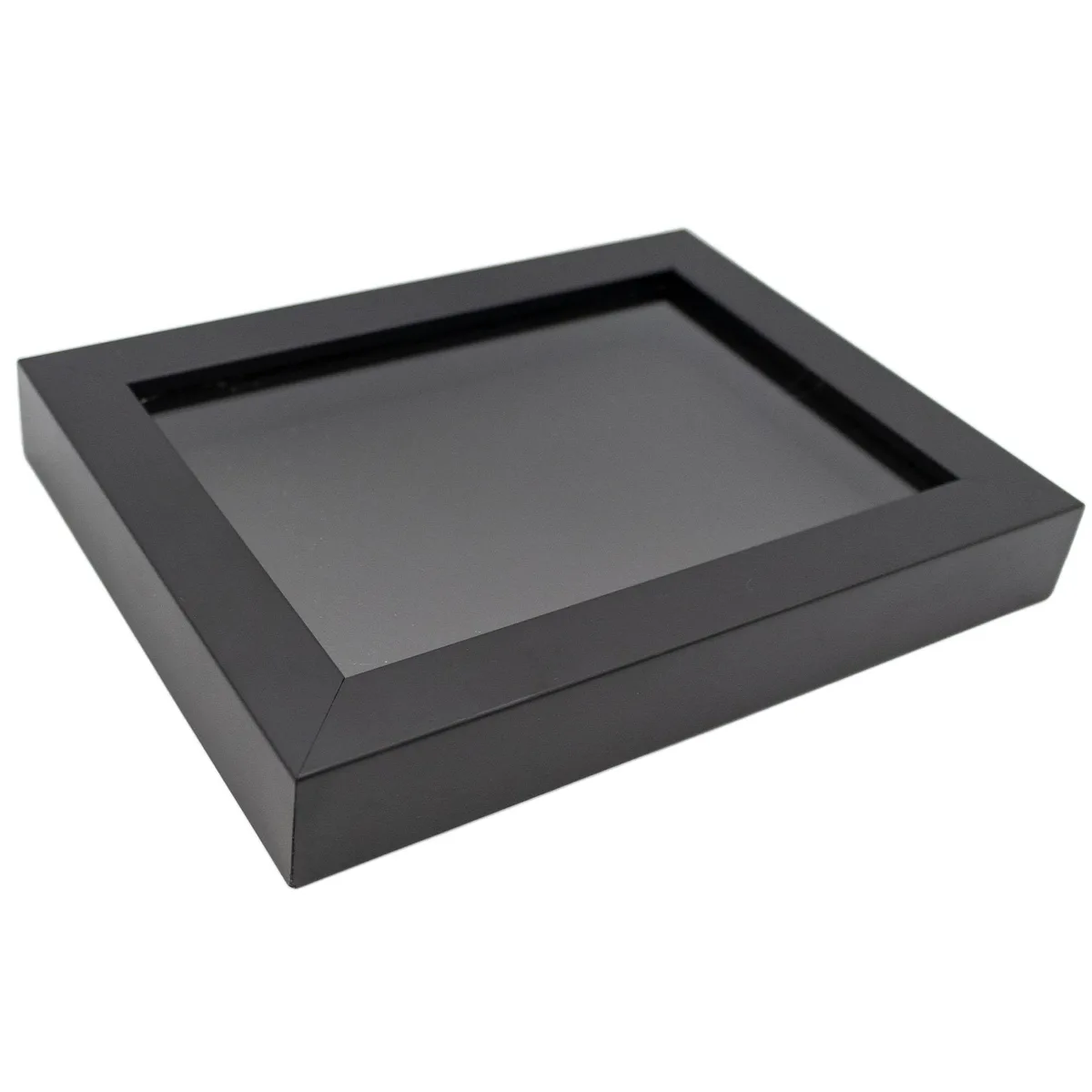 Square black wooden shadow box frame with acrylic front, 12 by 12 inches interior and three-quarter inch depth