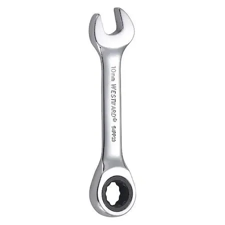 Chrome-finished 10mm ratcheting combination wrench, stubby length, 12-point box end