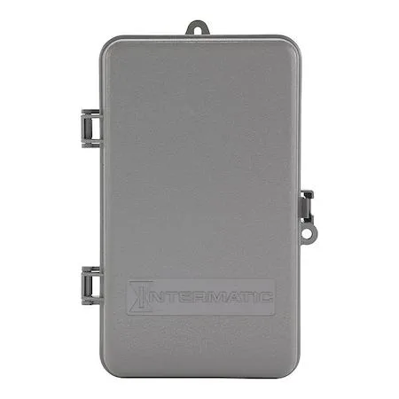 Gray plastic electromechanical timer box with dial and contacts