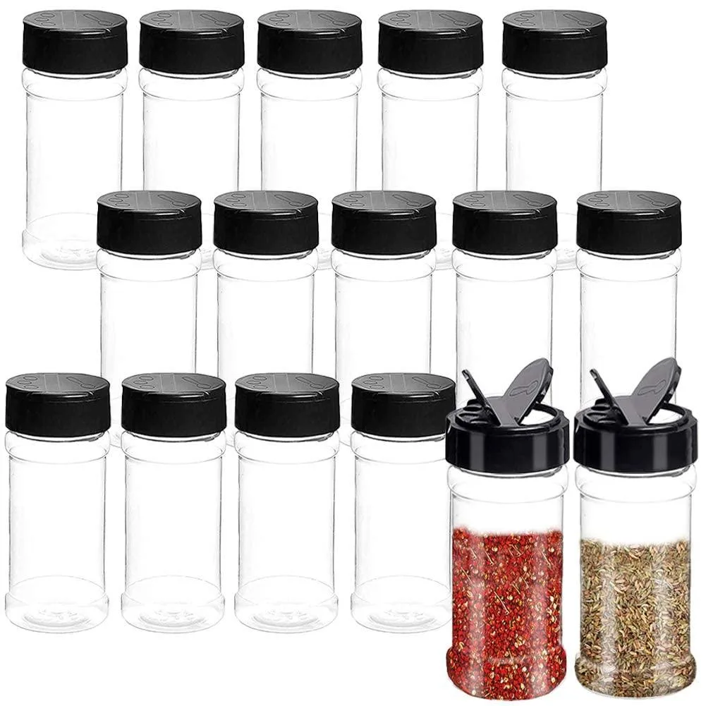 Sixteen clear plastic jars with black flip-top lids in a rectangular tray