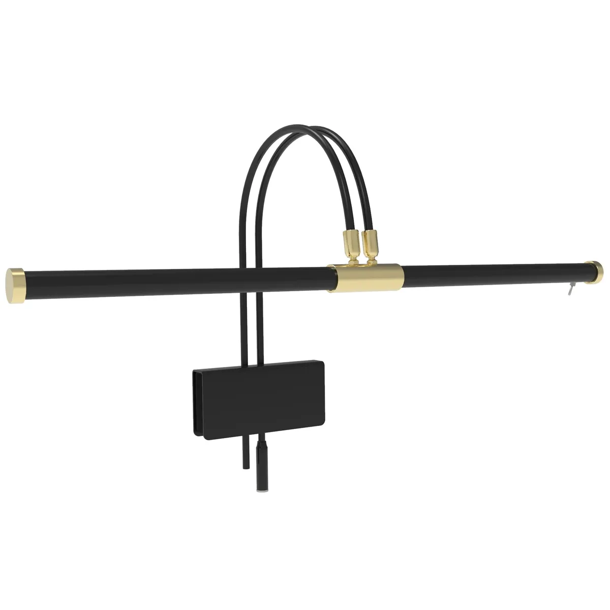 Black aluminium piano lamp with brass accents, 22 inch LED bar, adjustable height 12 to 15 inches