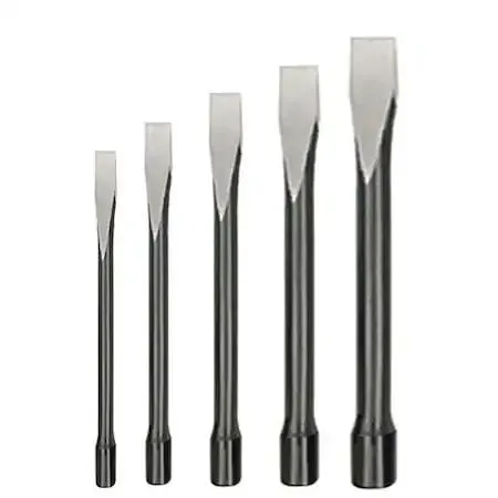 Five steel cold chisels with hand guards in a row