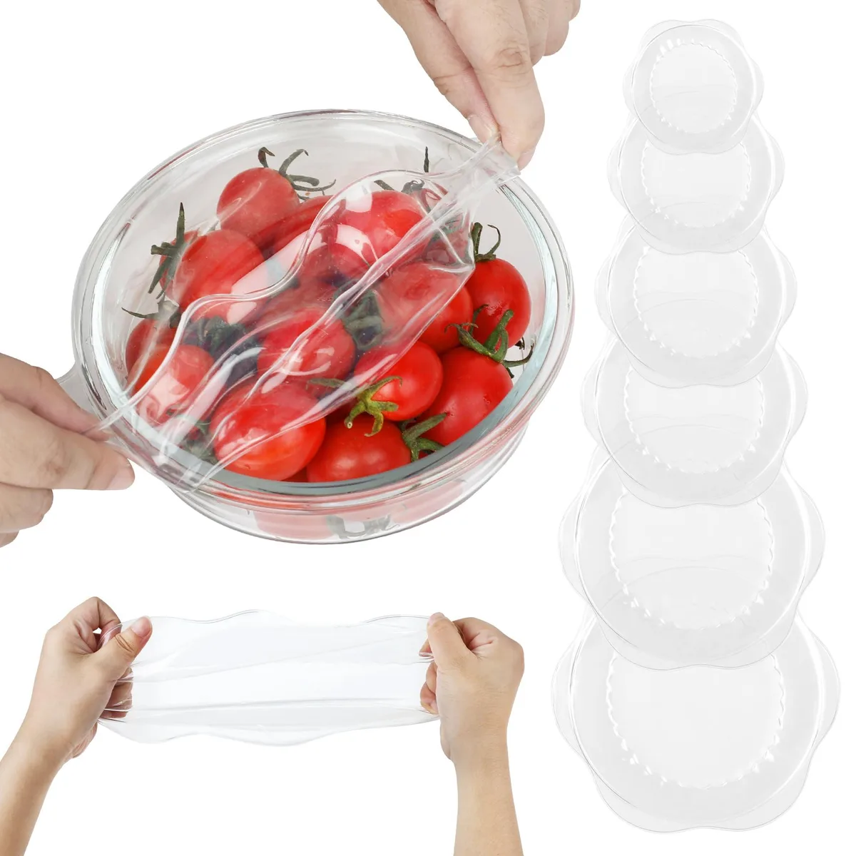Six transparent silicone stretch lids in assorted sizes