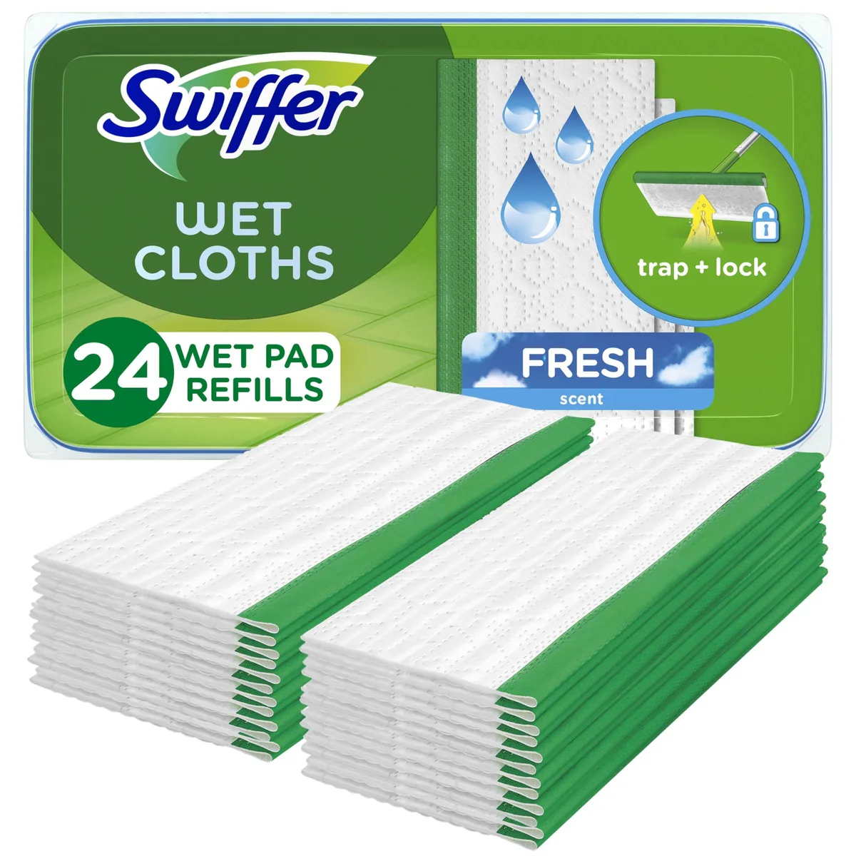 White rectangular box containing 24 wet mopping cloths, Open Window Fresh scent