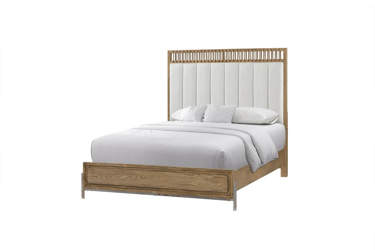 Queen upholstered bed with latte fabric headboard and faux leather straps