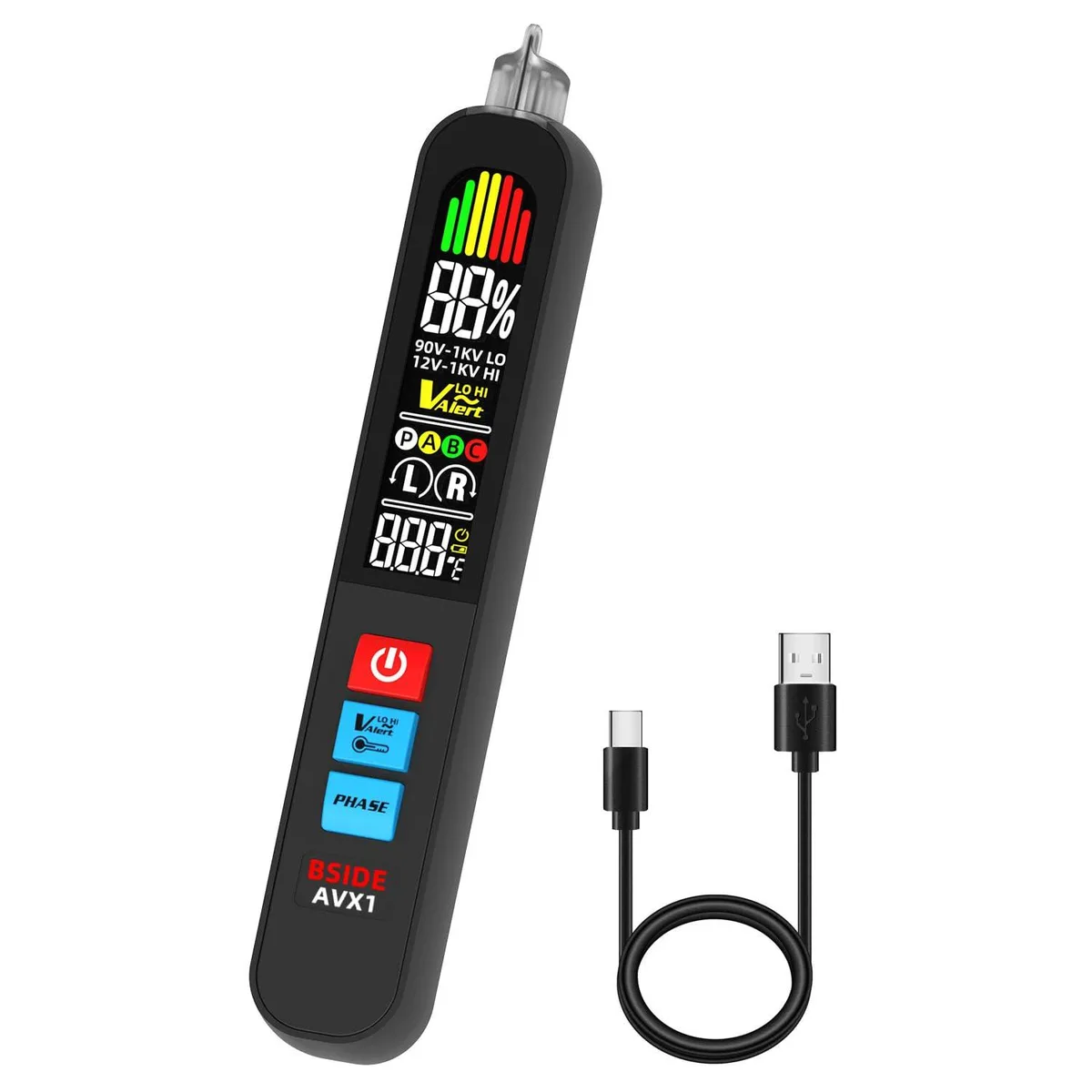Slim pen-style voltage tester with color display and rechargeable battery