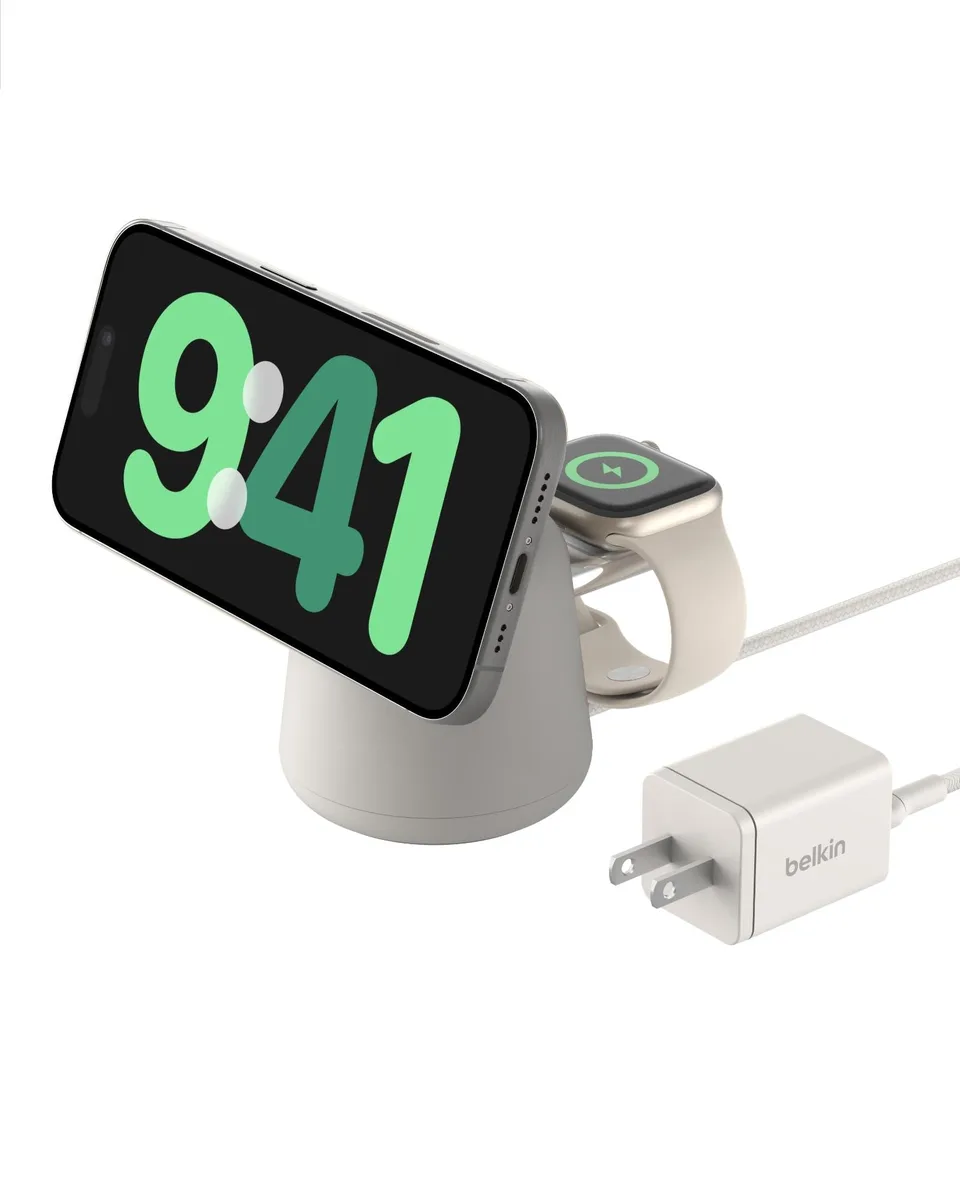 Sand-coloured 2-in-1 Qi2 wireless charging dock with adjustable magnetic phone stand and AirPods pad, braided USB-C cable