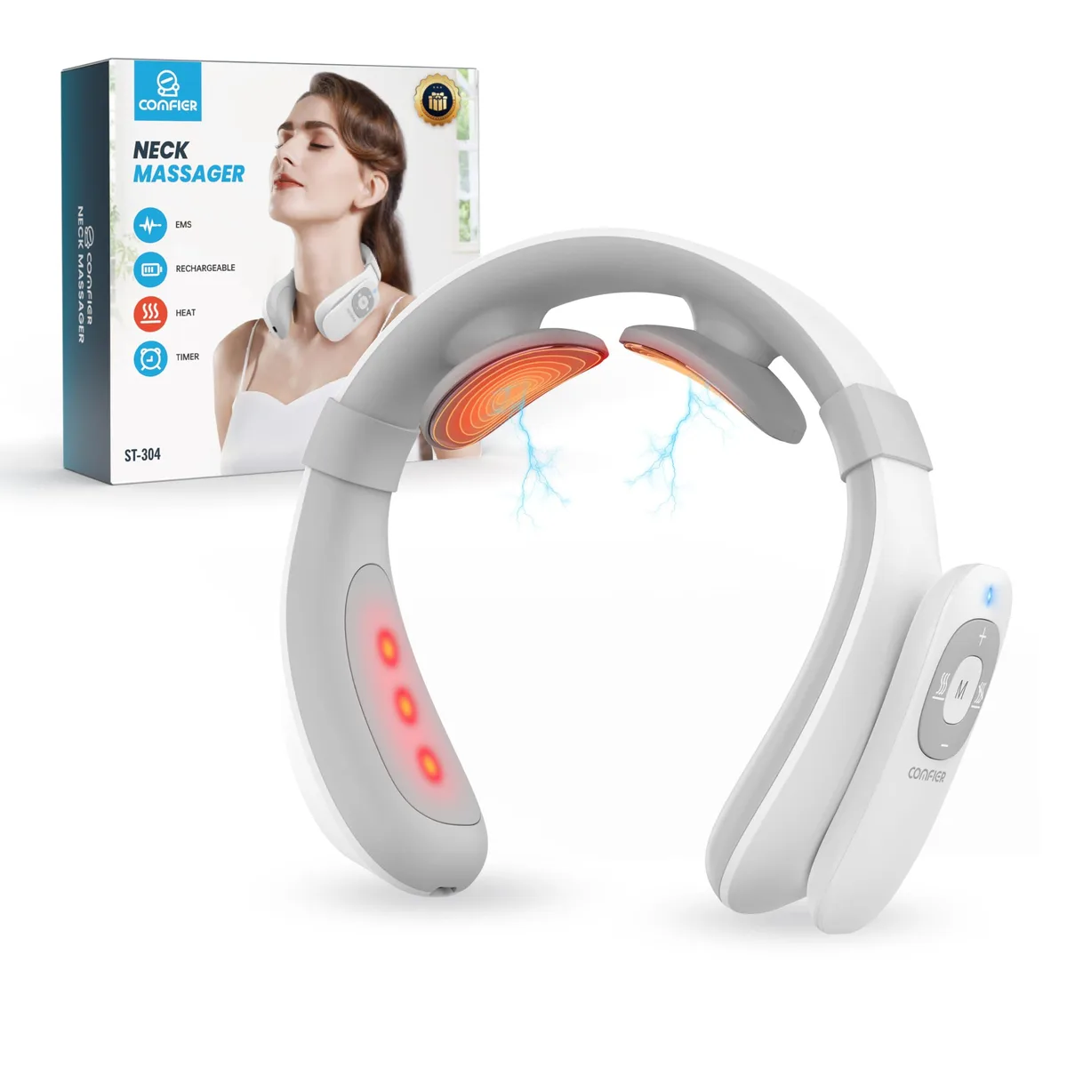 White cordless neck massager with wrap-around pads and control unit