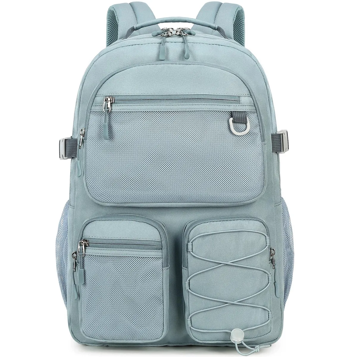 Blue polyester laptop backpack with front and side pockets, top handle and adjustable straps