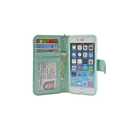 Mint green flip wallet case for 4.7-inch iPhone 6 with PU leather finish and strap