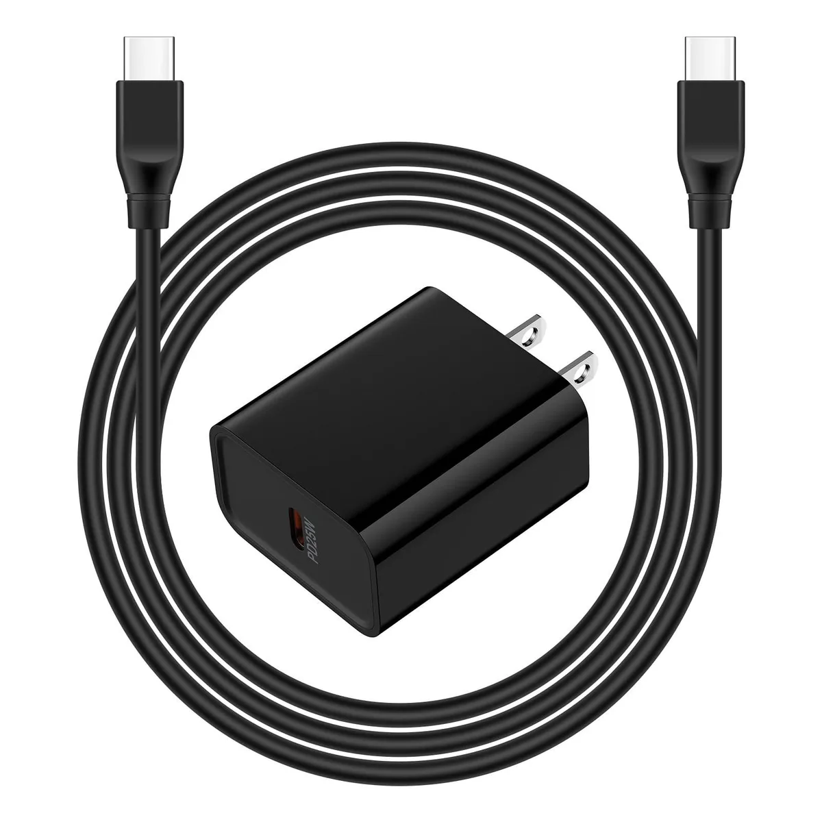 White compact USB-C wall charger with six-foot USB-C to USB-C cable