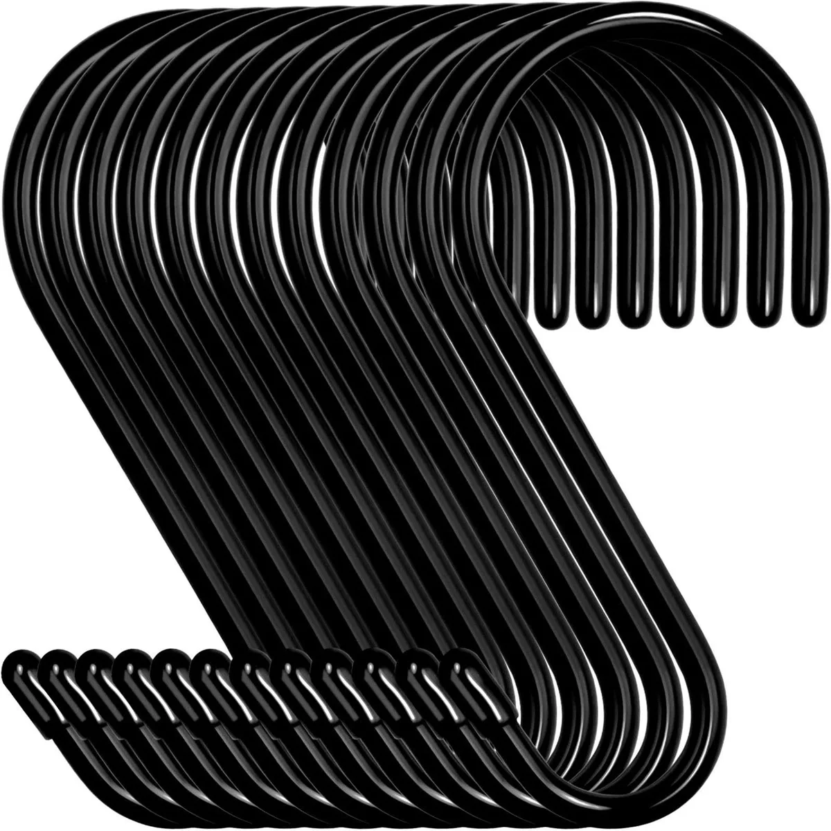 Twelve black vinyl-coated steel S-hooks, 4.5 inches long, matte finish