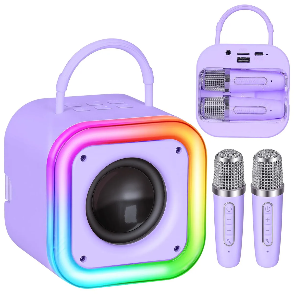 Purple karaoke speaker with embedded wireless microphone and LED lights