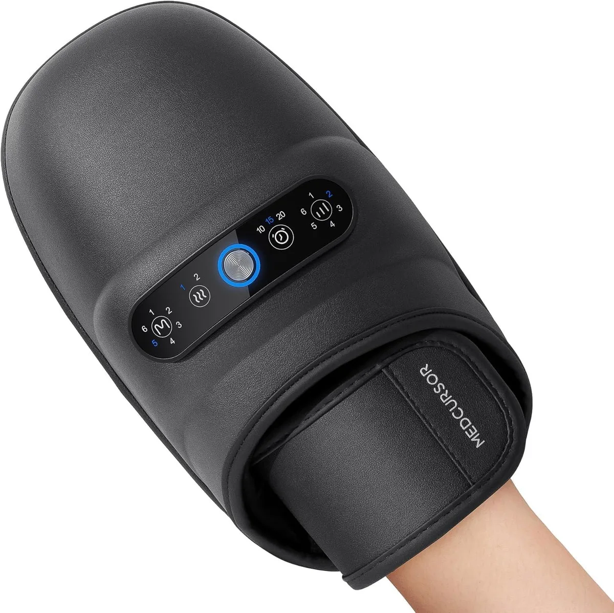 Black cordless hand massager, rectangular with rounded edges, smooth matte finish, 11.81 by 6.69 by 5.91 inches, 2.12 pounds