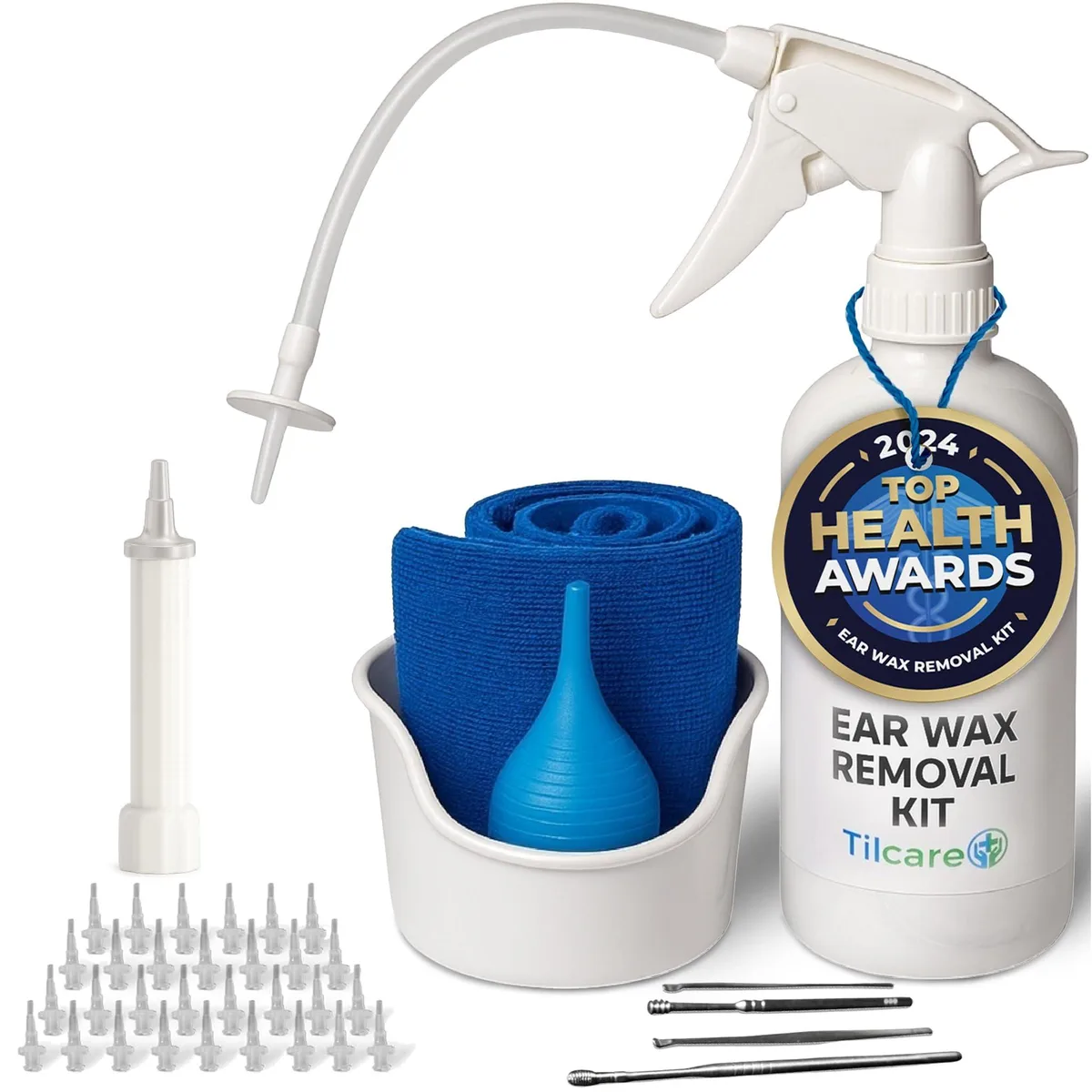 Tilcare ear wax removal kit with white basin, syringe, curettes, towel and 30 tips