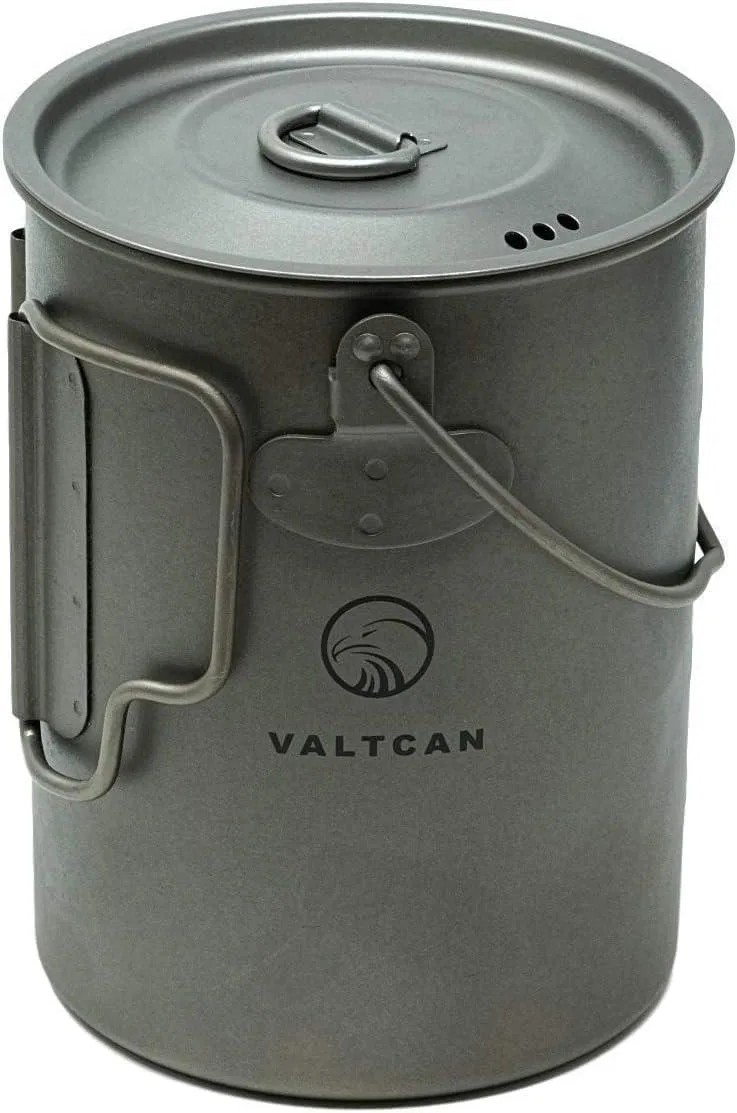 Silver titanium camping pot mug with foldable bail handle, side handles, lid and mesh bag