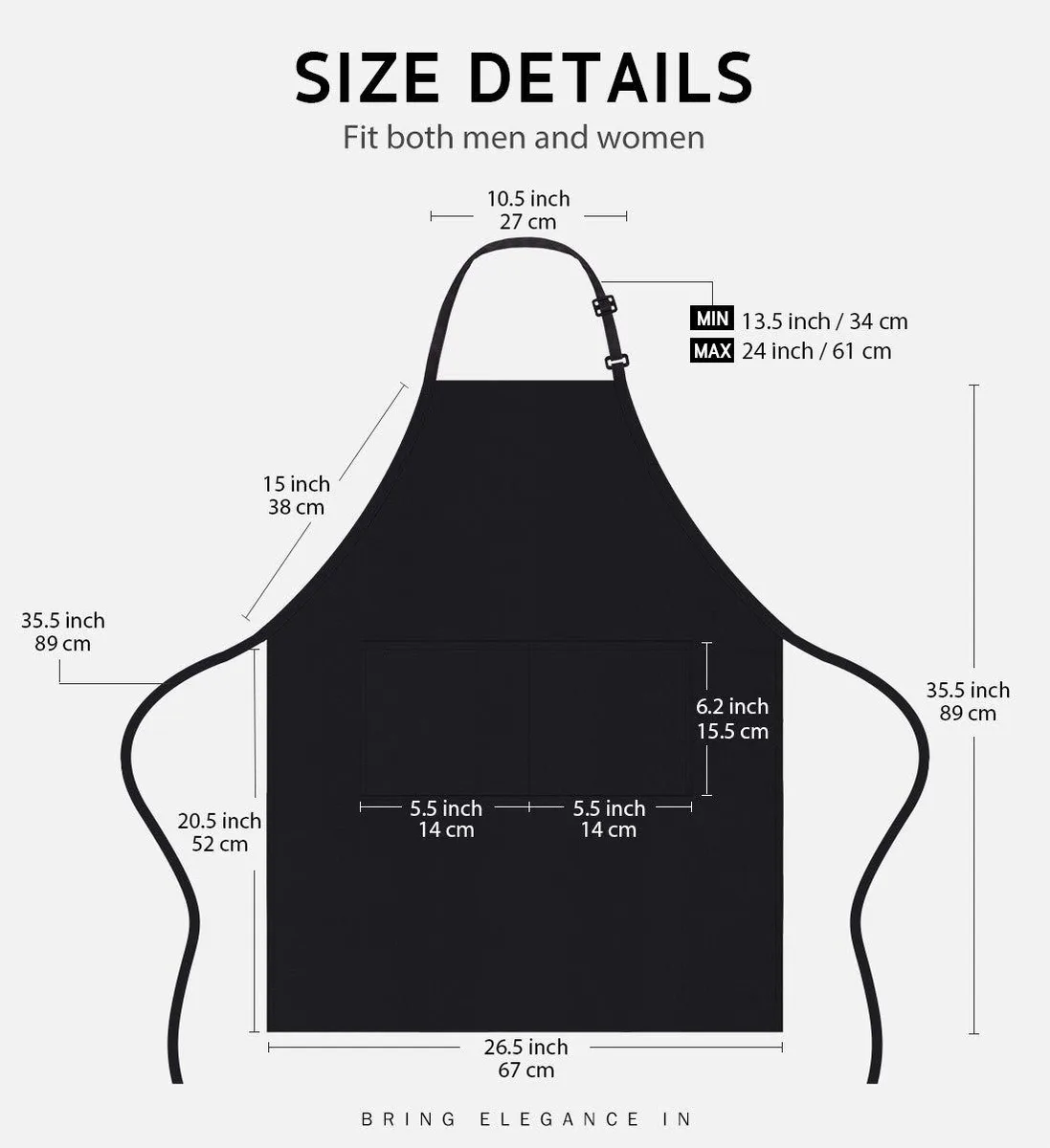 Four black polyester bib aprons with adjustable straps and front pockets