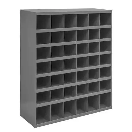Gray powder-coated steel pigeonhole bin unit, 33.75 in wide, 42 compartments