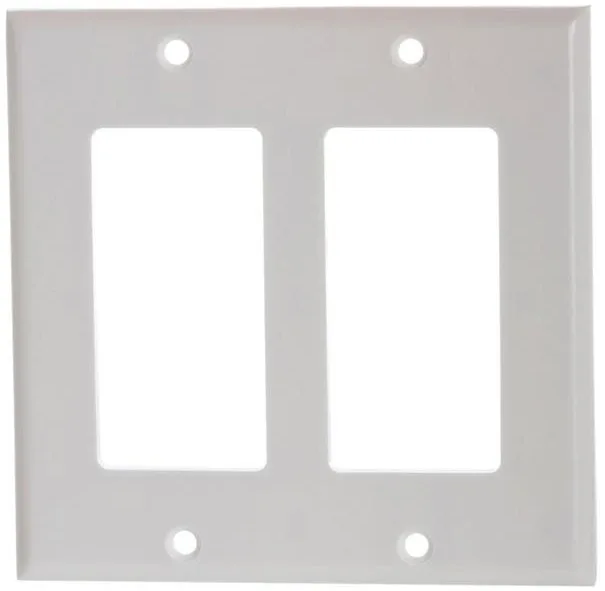White rectangular plastic double-gang Decora wall plate with smooth finish and metal screws