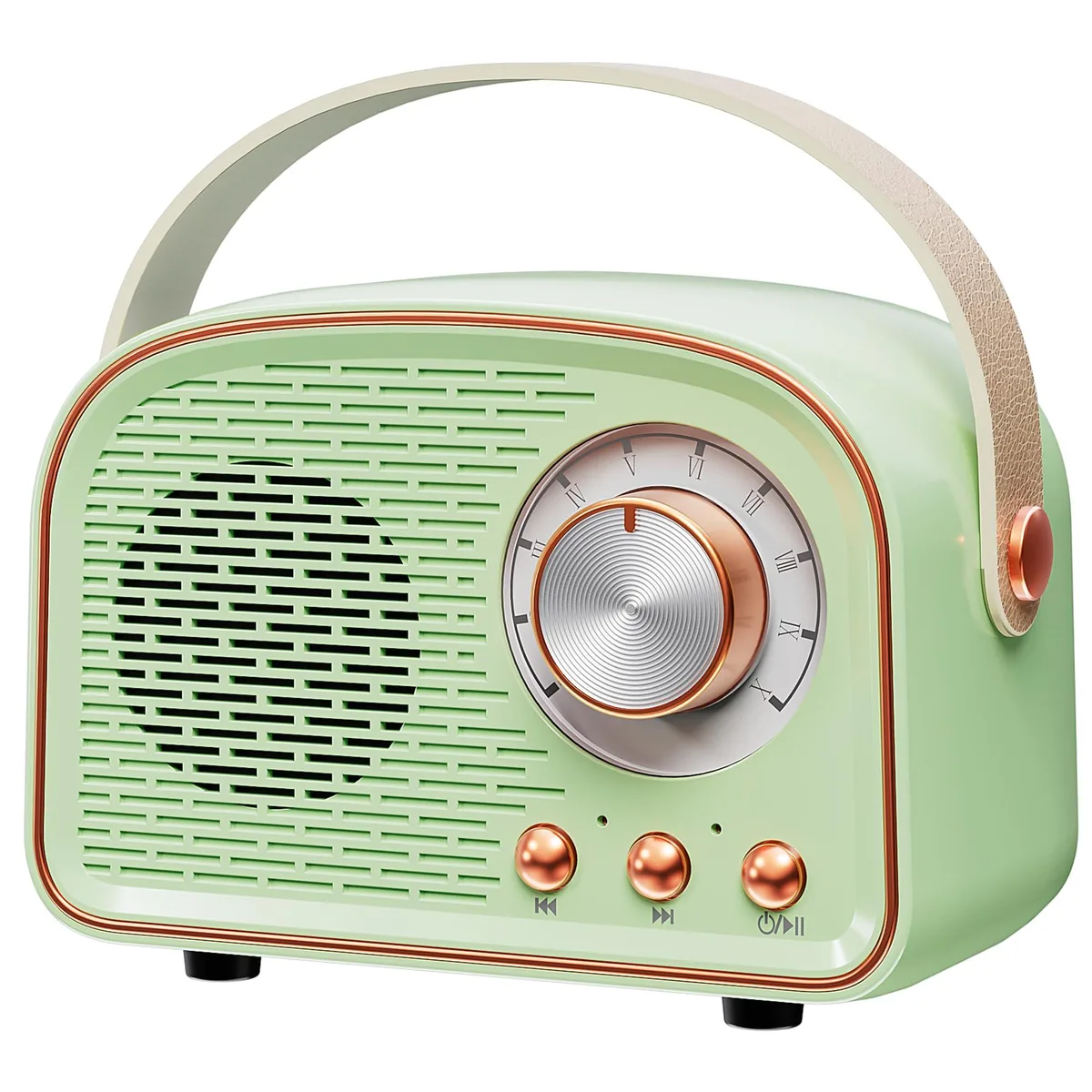 Compact cyan retro speaker with leather handle, knobs and fabric grille