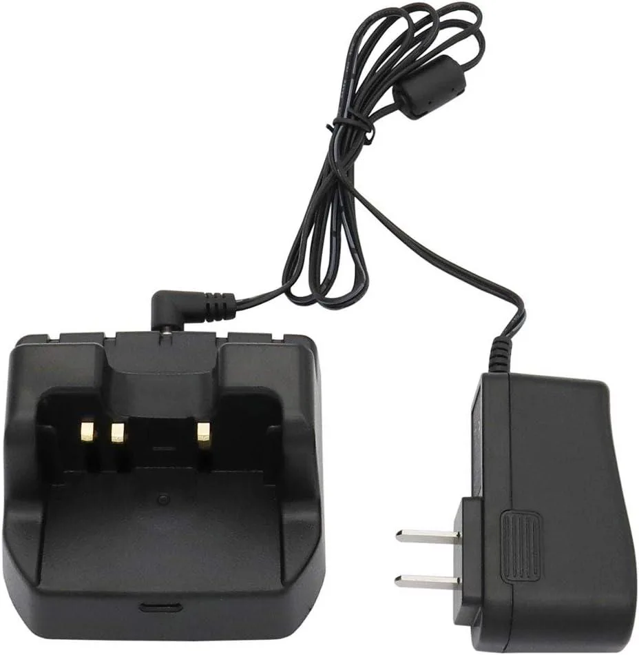 Black desktop charger base with radio slot and battery pocket