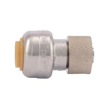 Small brass push-fit stop adapter with 1/4 by 3/8 inch tube ends