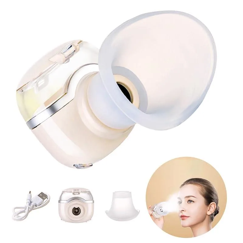 White mini camera-shaped eye sprayer with flip cover tank, blue and temperature indicator lights, and eye mask included