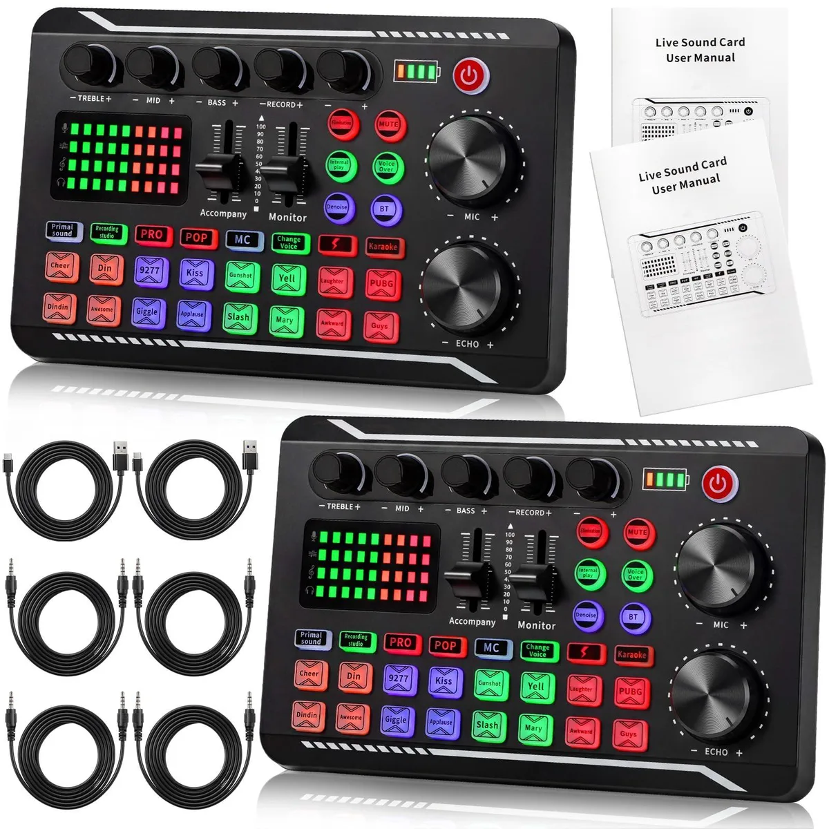 Two black portable audio mixers with multiple knobs sliders and buttons