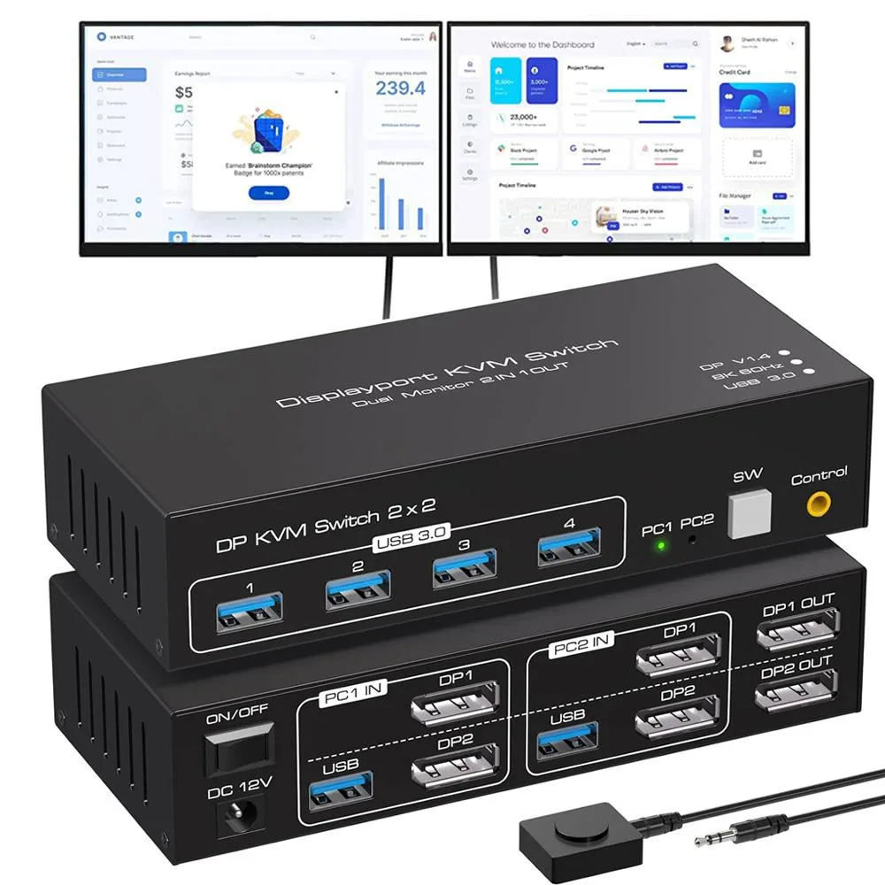 LUOM LUOM SW223-2DP 2-Port Dual Monitor KVM Switch 8K 60Hz 4K 120Hz USB 3.0 — product photo