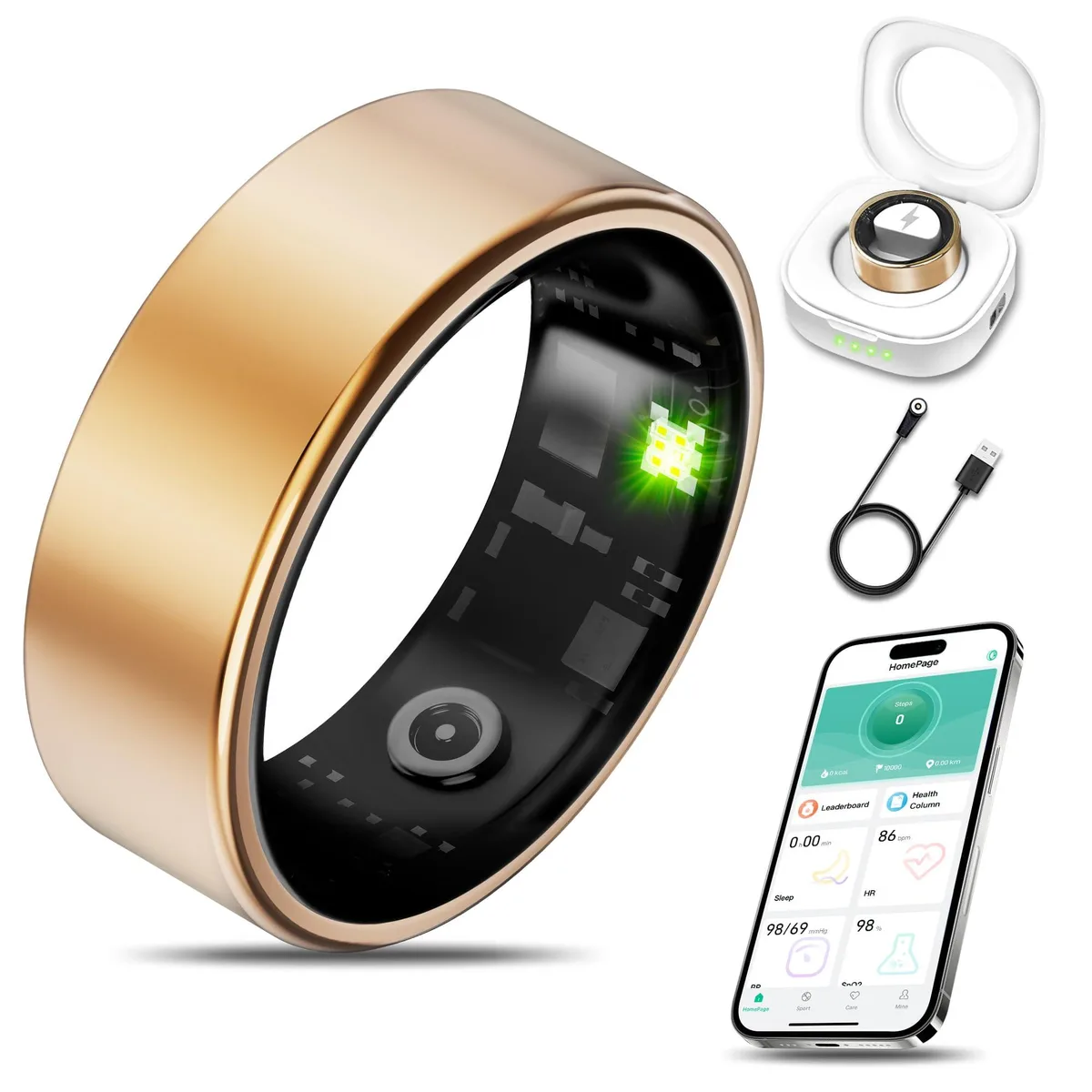 Black smart ring with a smooth matte finish, shown at an angle to reveal the slim profile and inner sensor array