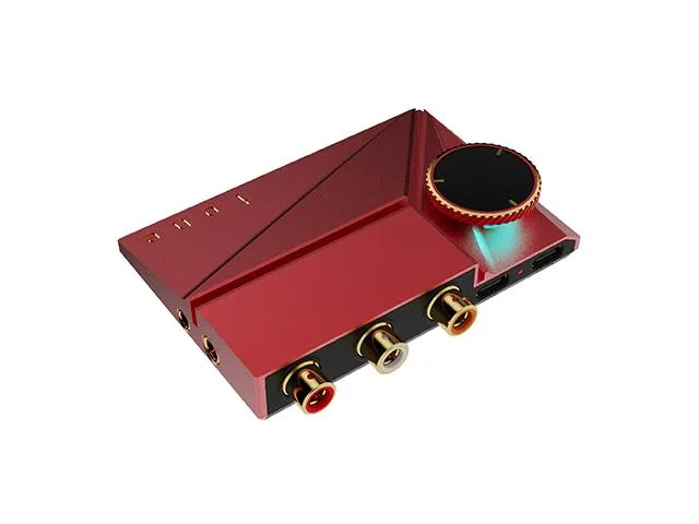 Small red desktop DAC and headphone amplifier with 3.5mm and 4.4mm outputs