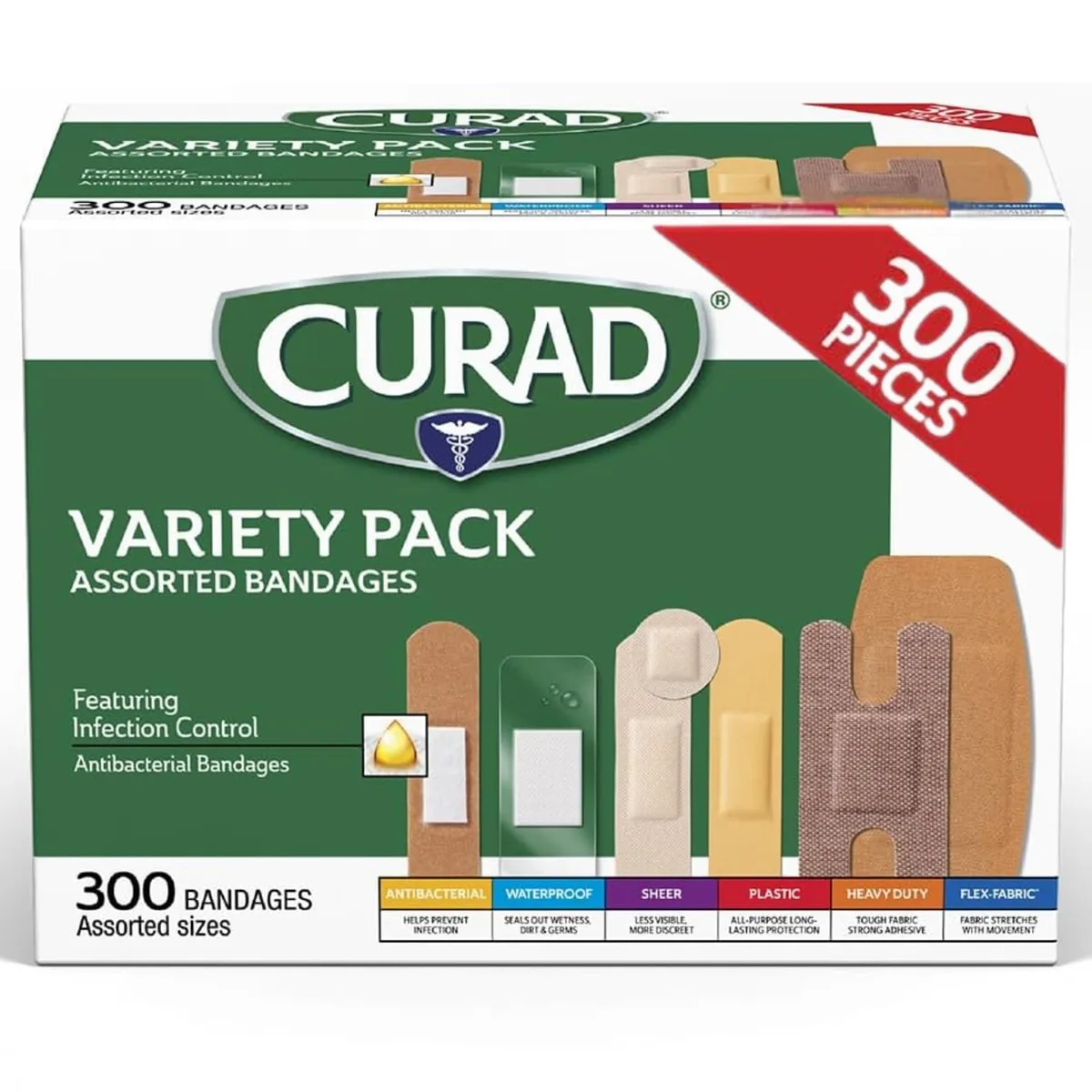 Rectangular cardboard box in light blue with Curad branding containing 300 assorted bandages