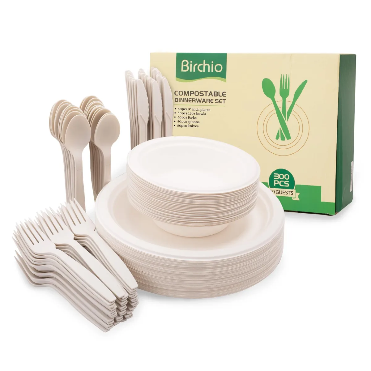 White biodegradable bagasse plates bowls and 7 inch utensils in bulk pack