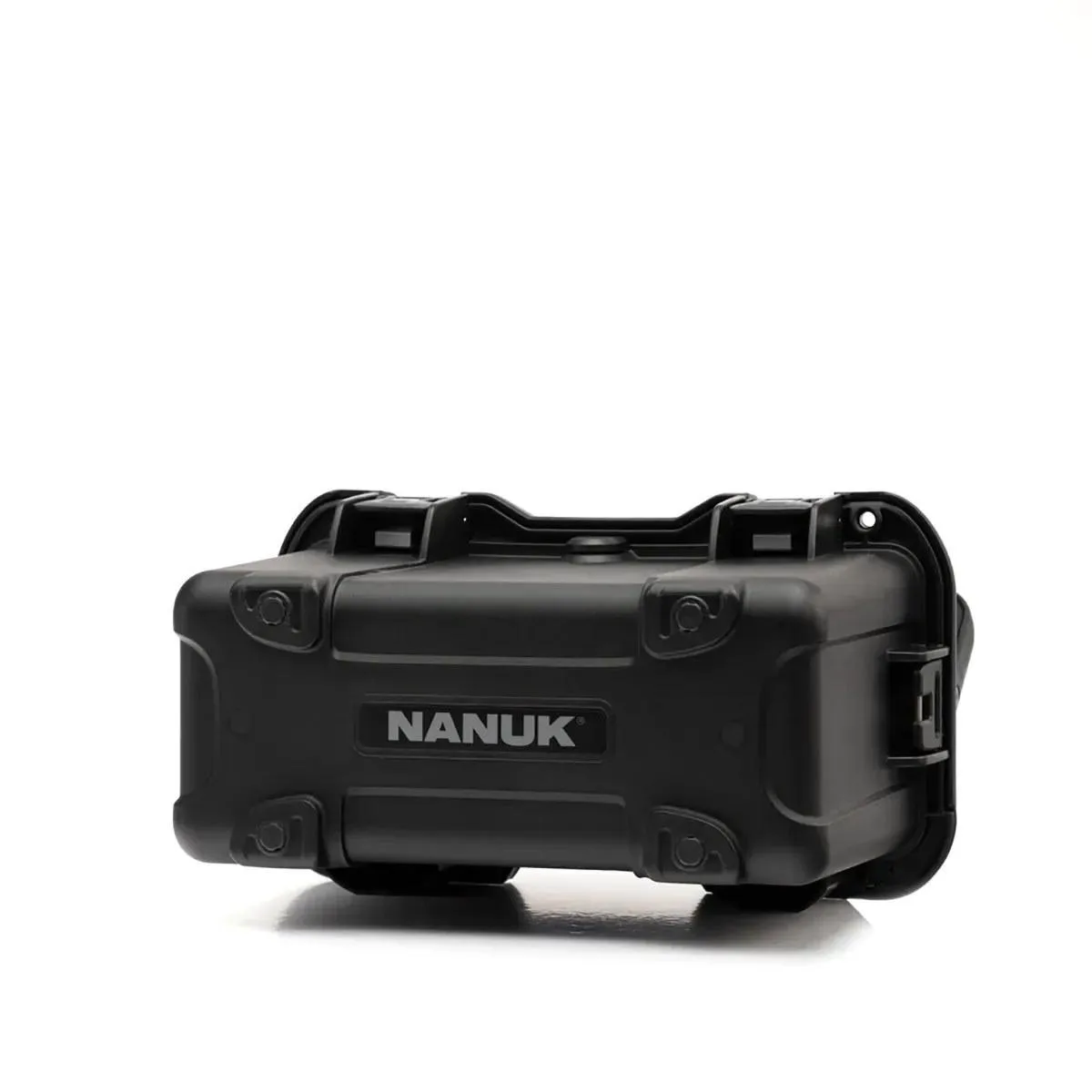 Black rectangular hard case with top lid open, showing internal dividers and plastic tray
