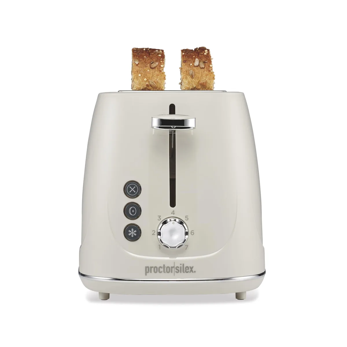 Purple two-slice plastic toaster with wide slots and slide-out crumb tray