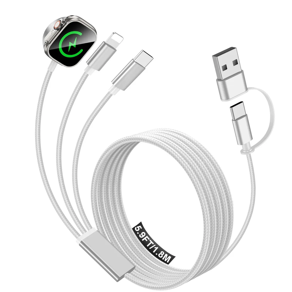  toaksi 3-in-2 Multi Charging Cable USB-C/USB-A Lightning Magnetic Watch White 1.8m — product photo