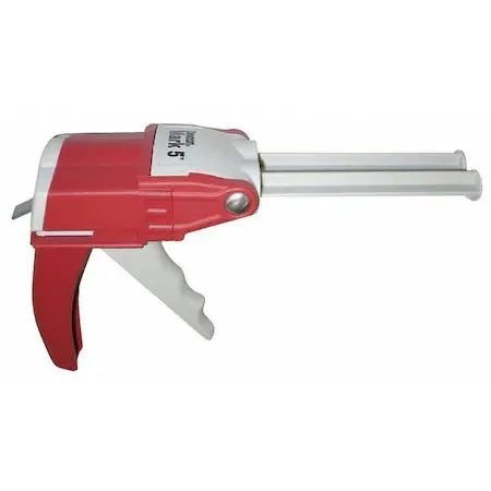 Gray and red plastic dual-cartridge manual applicator with three plungers for 35 47 50 mL cartridges