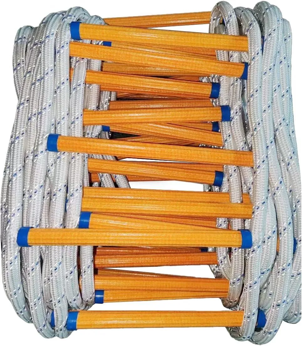 Rolled rope ladder with metal hooks, 49 ft length, flame-resistant finish