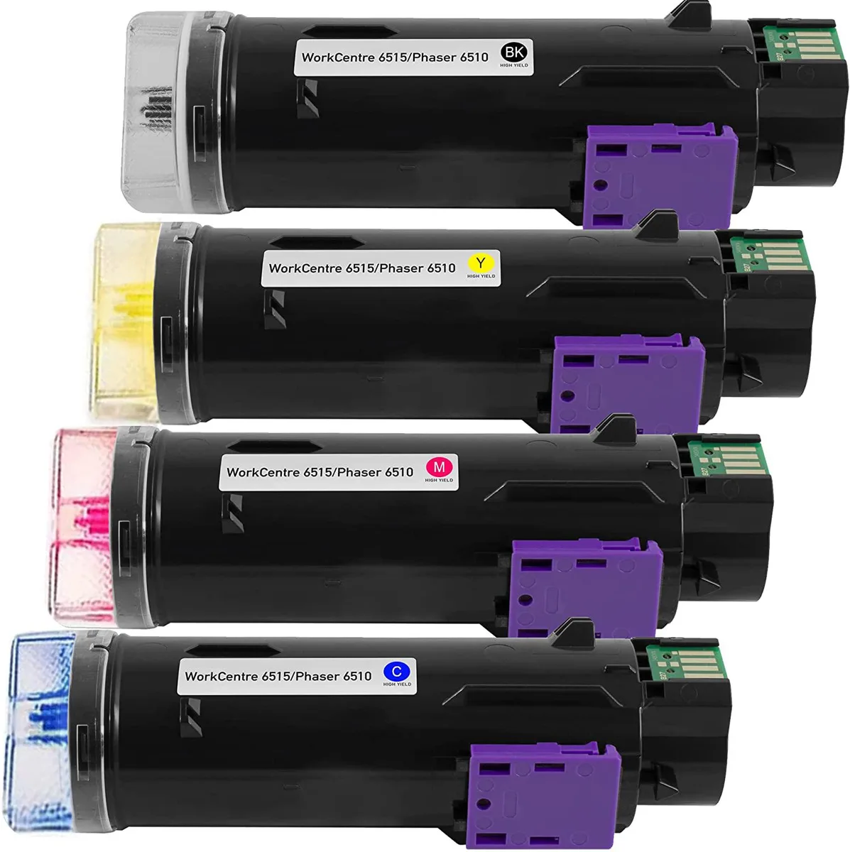Four rectangular toner cartridges in black cyan magenta yellow packaging