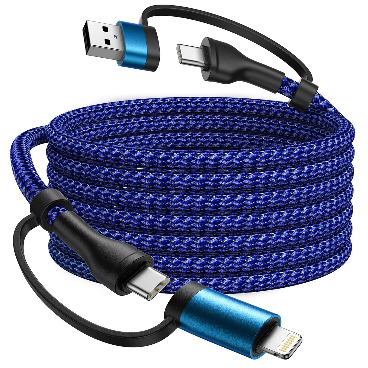 Orange 3 ft multi-connector charging cable with USB-A and USB-C ends, nylon braid and aluminium tips