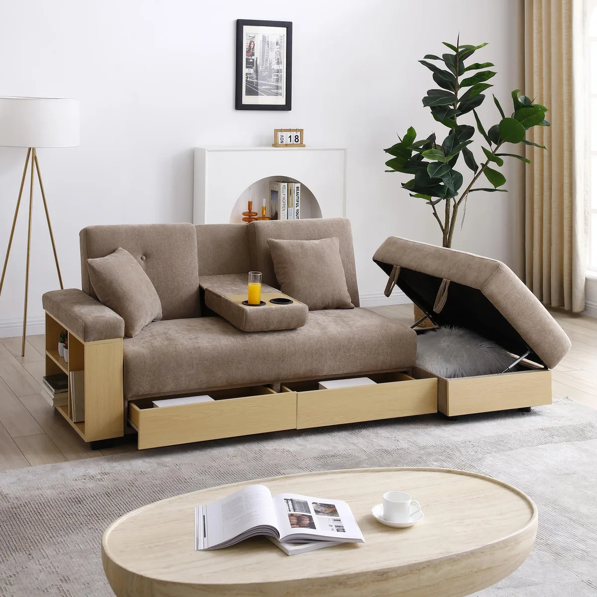 Light brown cotton linen convertible sofa with storage ottoman and drop-down table