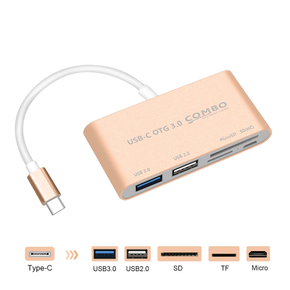 Gold compact USB-C hub with USB-A, SD, TF and micro-USB power ports