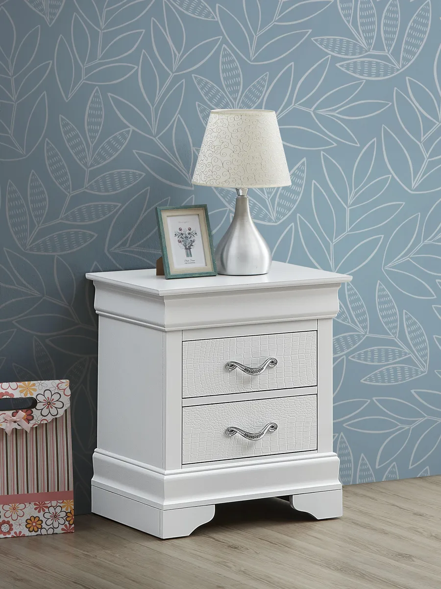 Silver champagne nightstand with two drawers, particle board construction